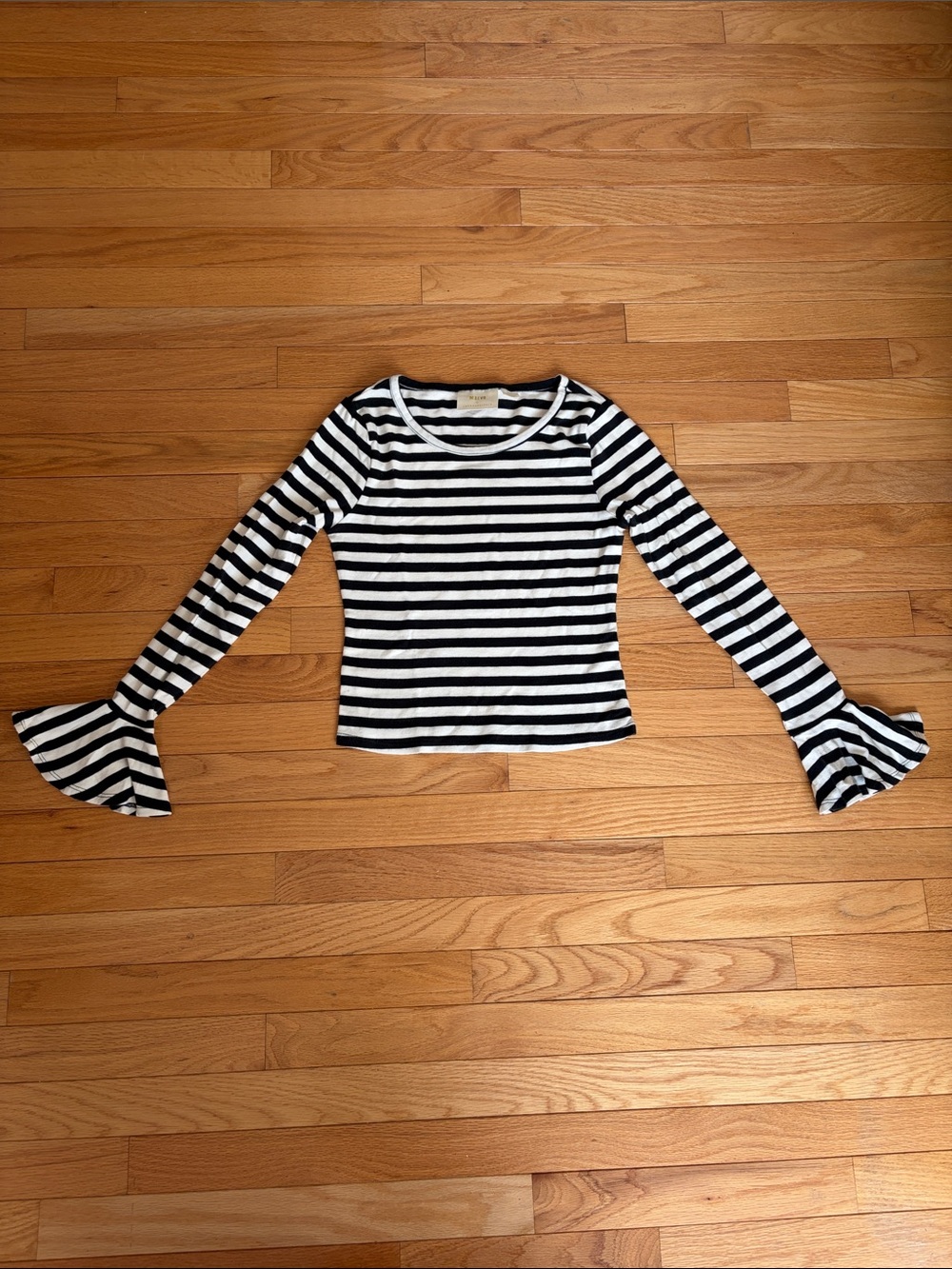 Anthropologie Striped Black & Cream Bell-Sleeve Long-Sleeve Top